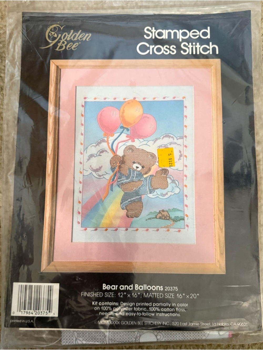 Vintage Golden Bee Stamped Cross Stitch - Bear and Balloons -